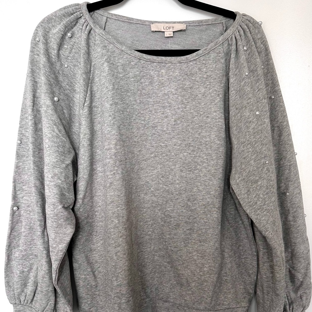 NWT LOFT Gray Pearlized Puff Sleeve Sweatshirt